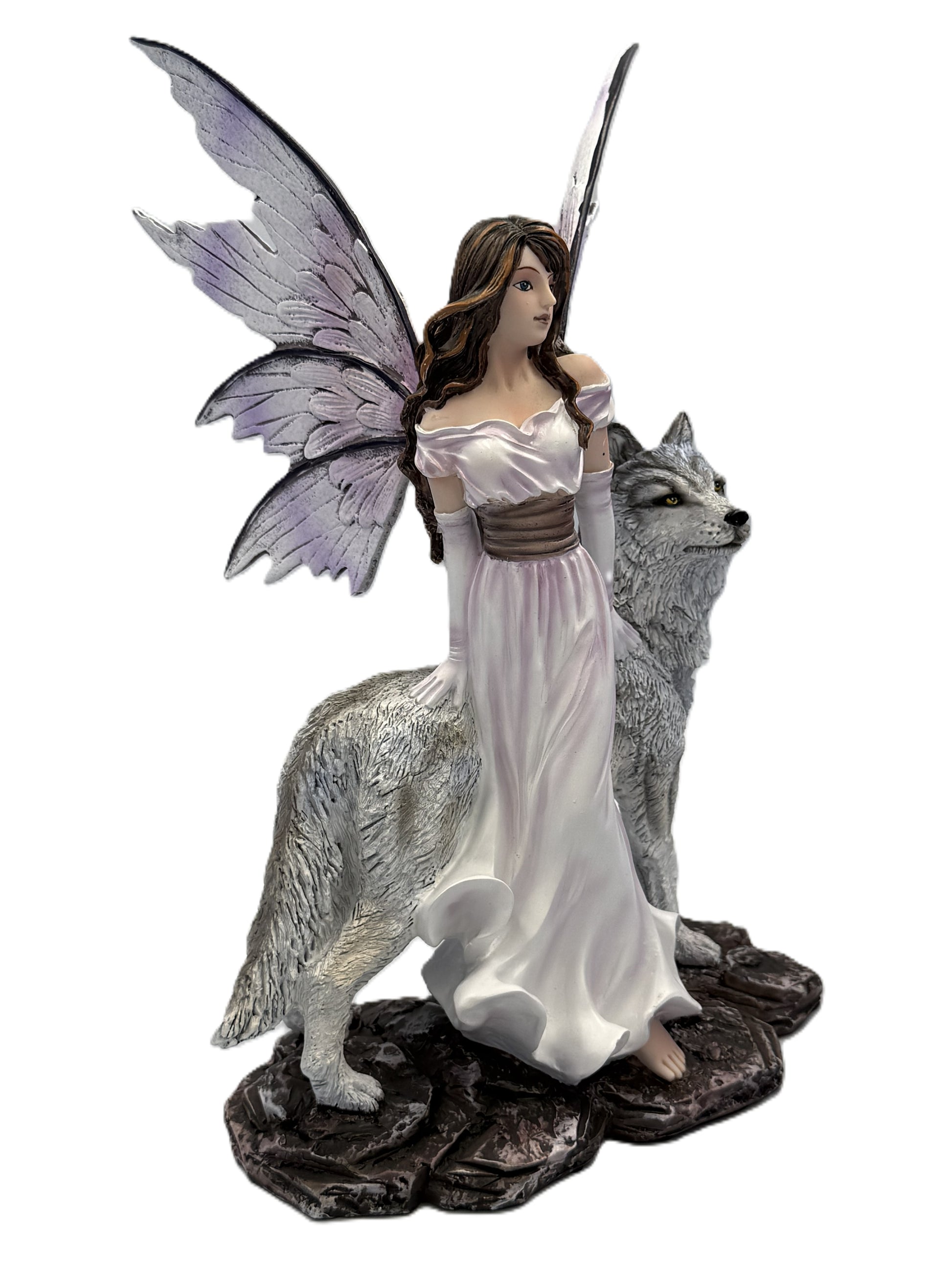Angled front view of fairy figurine with wolf showing hand-painted details and fantasy styling
