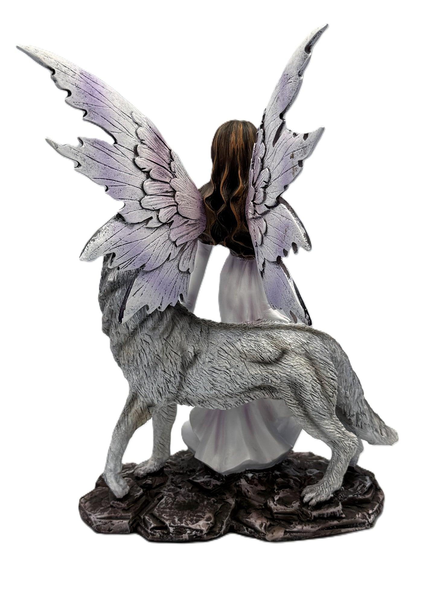 Back view of fairy statue showcasing large detailed wings and wolf positioned behind
