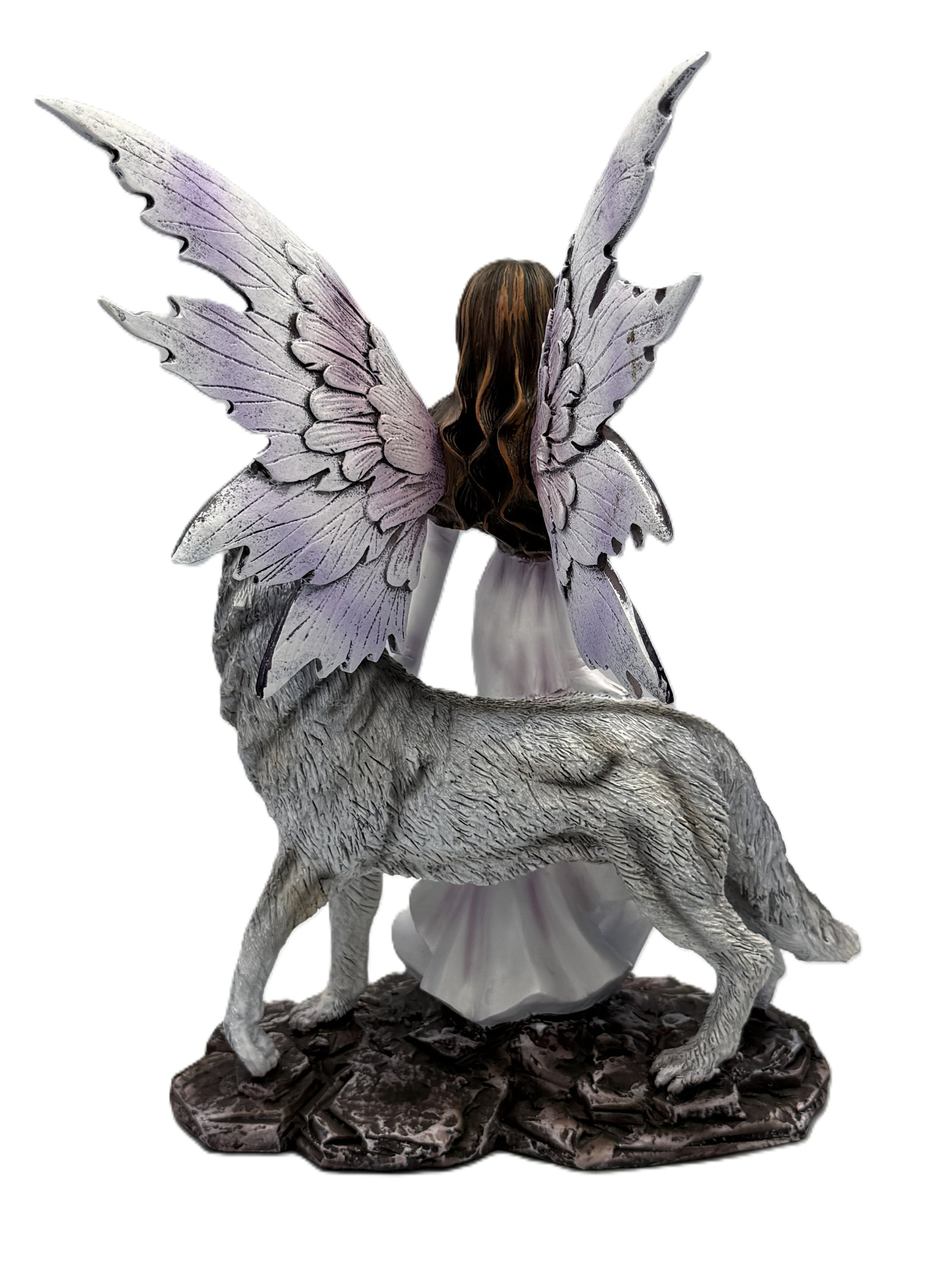 Back view of fairy statue showcasing large detailed wings and wolf positioned behind
