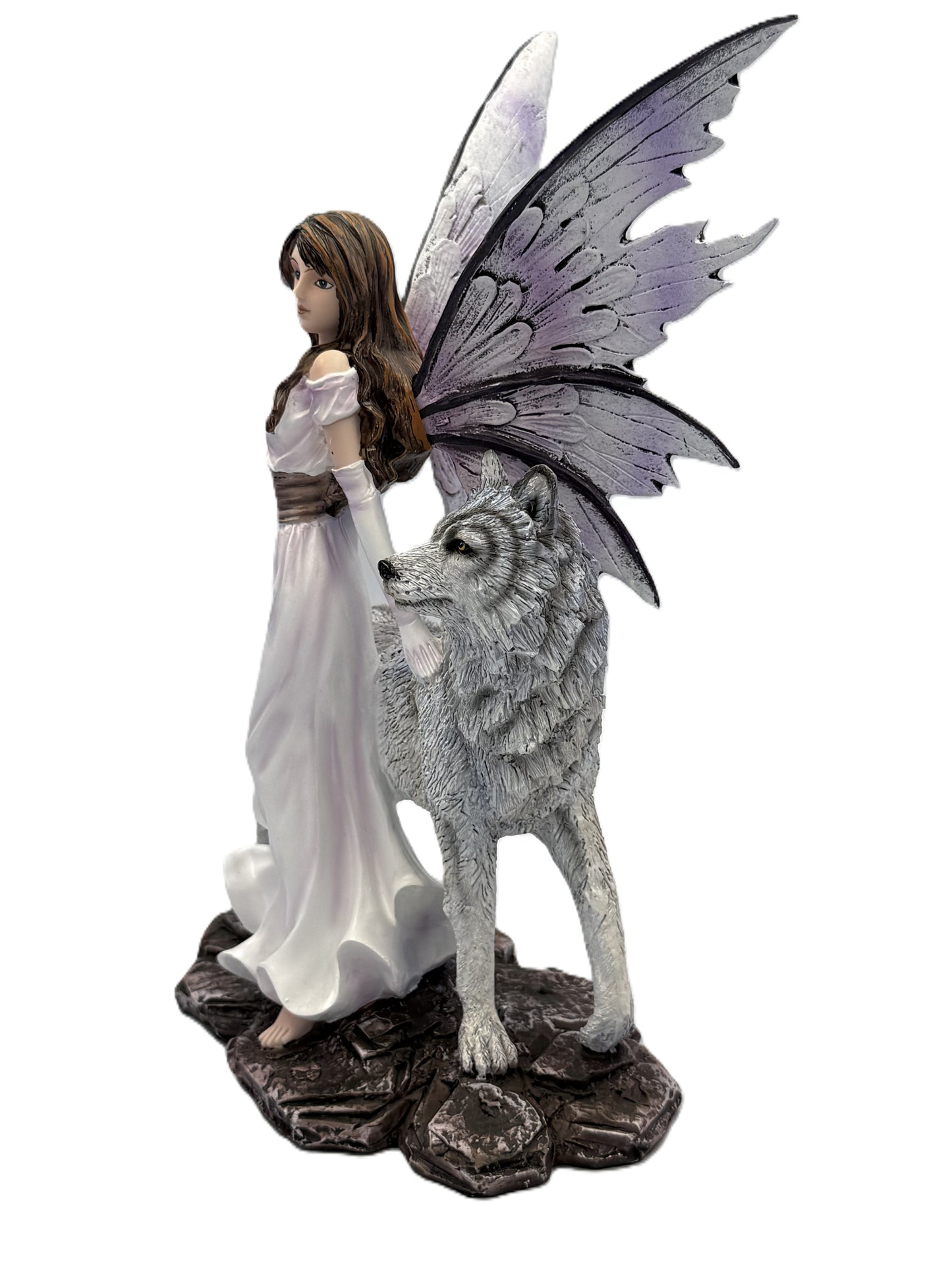 Side angle of fairy and wolf sculpture highlighting textured wings and realistic wolf details
