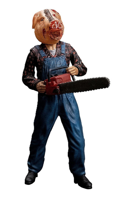 Close-up of Farmer Vincent holding chainsaw with detailed pig head mask and outfit
