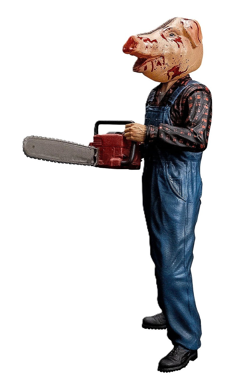 Side view of Farmer Vincent figure showing overalls and chainsaw detail
