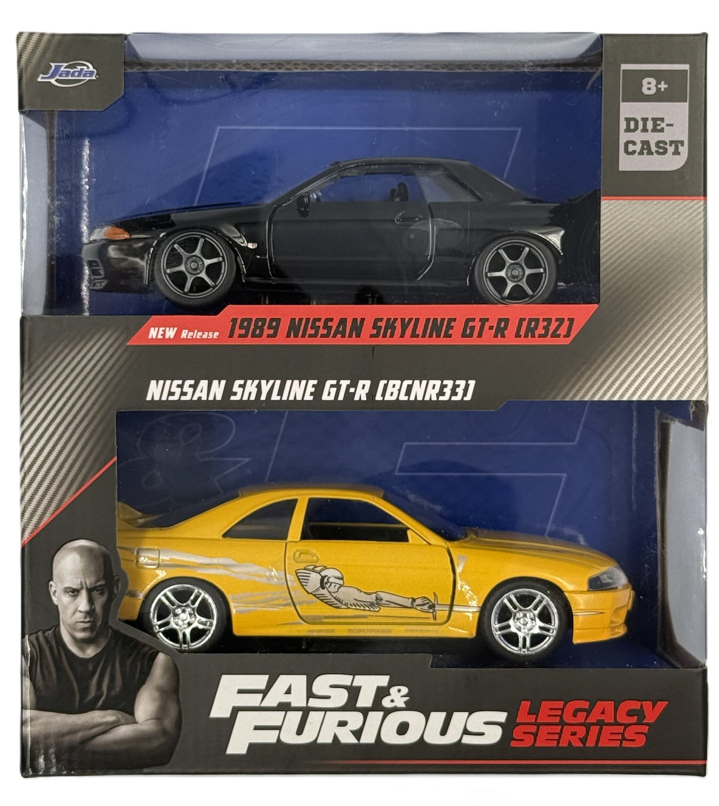 Fast and Furious Legacy Series 2 car diecast set front showing Nissan Skyline GT-R models
