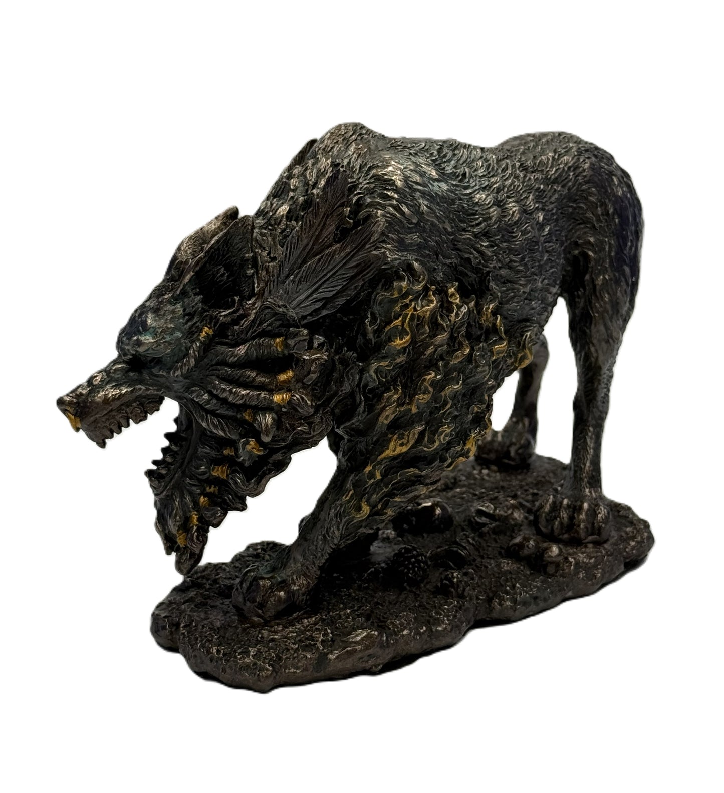 Angled view of mythical wolf statue highlighting layered textures and dramatic pose
