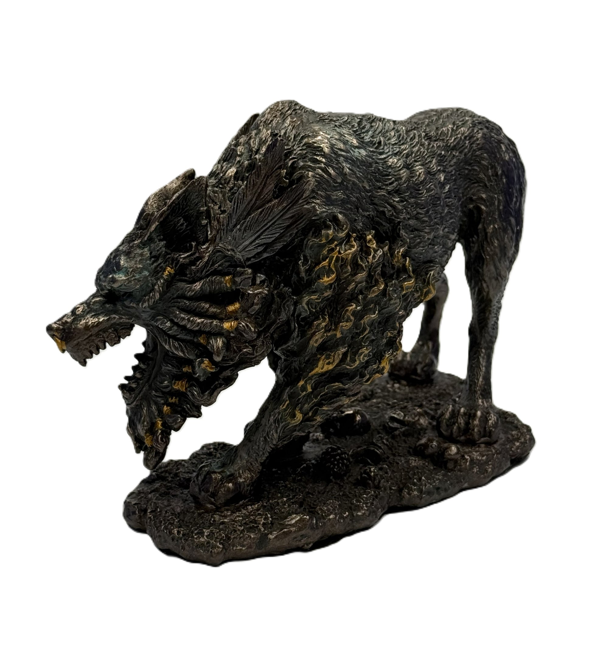 Angled view of mythical wolf statue highlighting layered textures and dramatic pose
