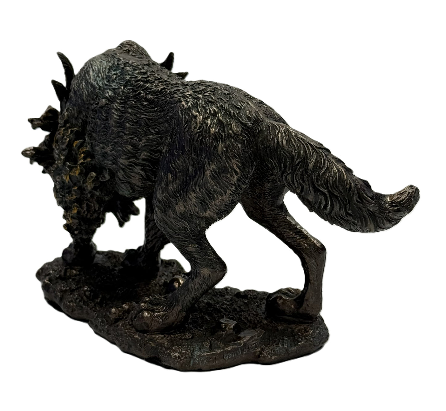 Rear view of Fenrir statue showing detailed fur texture and muscular form
