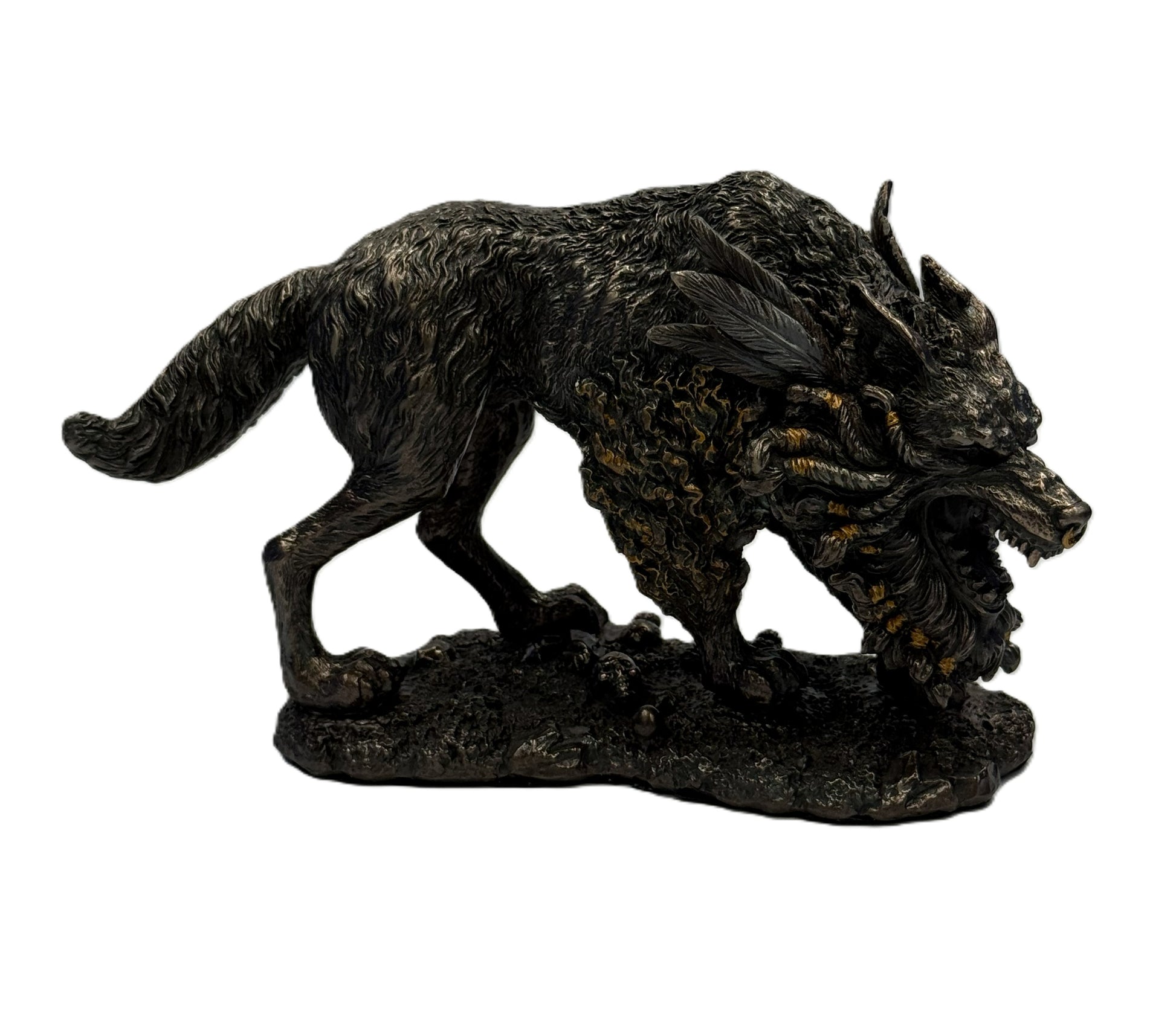 Front side view of Fenrir Norse mythology wolf statue in cold cast bronze with fierce expression and detailed fur
