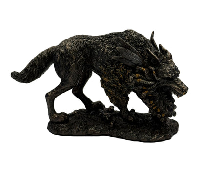 Front side view of Fenrir Norse mythology wolf statue in cold cast bronze with fierce expression and detailed fur
