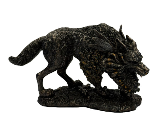 Front side view of Fenrir Norse mythology wolf statue in cold cast bronze with fierce expression and detailed fur
