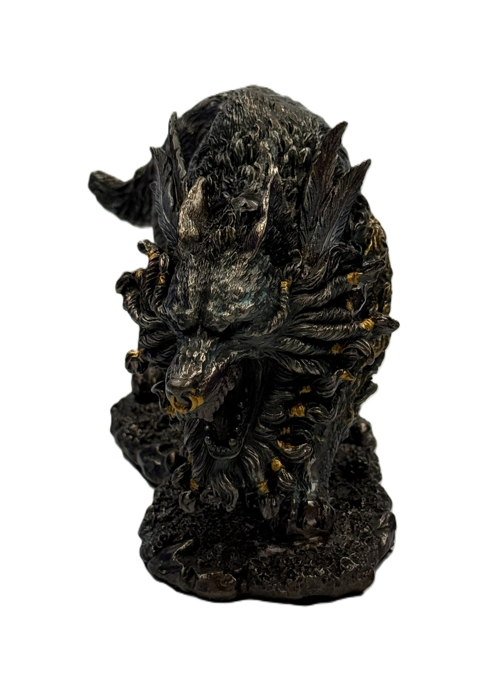 Front view of Fenrir wolf collectible showing snarling face, horns, and intricate sculpted details
