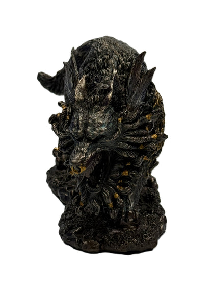 Front view of Fenrir wolf collectible showing snarling face, horns, and intricate sculpted details
