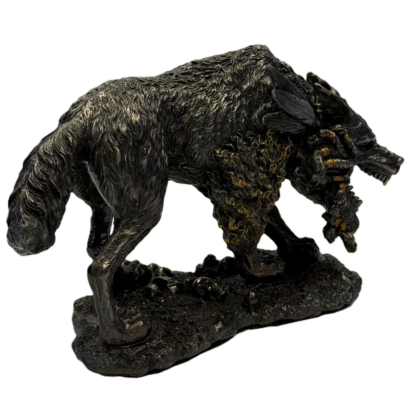 Side view of Norse wolf statue emphasizing movement and sculpted base details
