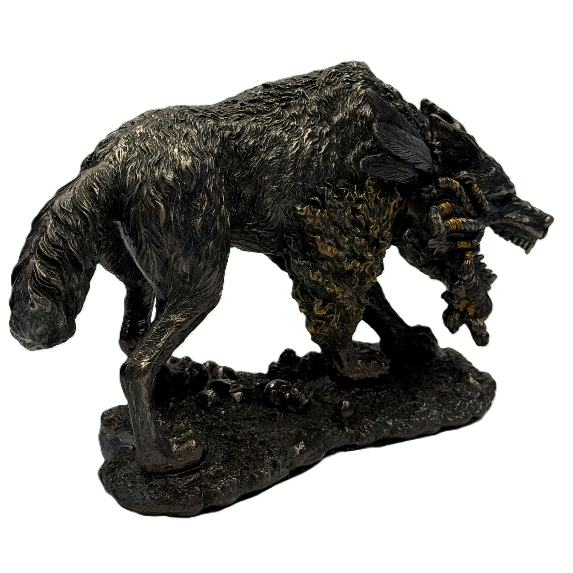 Side view of Norse wolf statue emphasizing movement and sculpted base details
