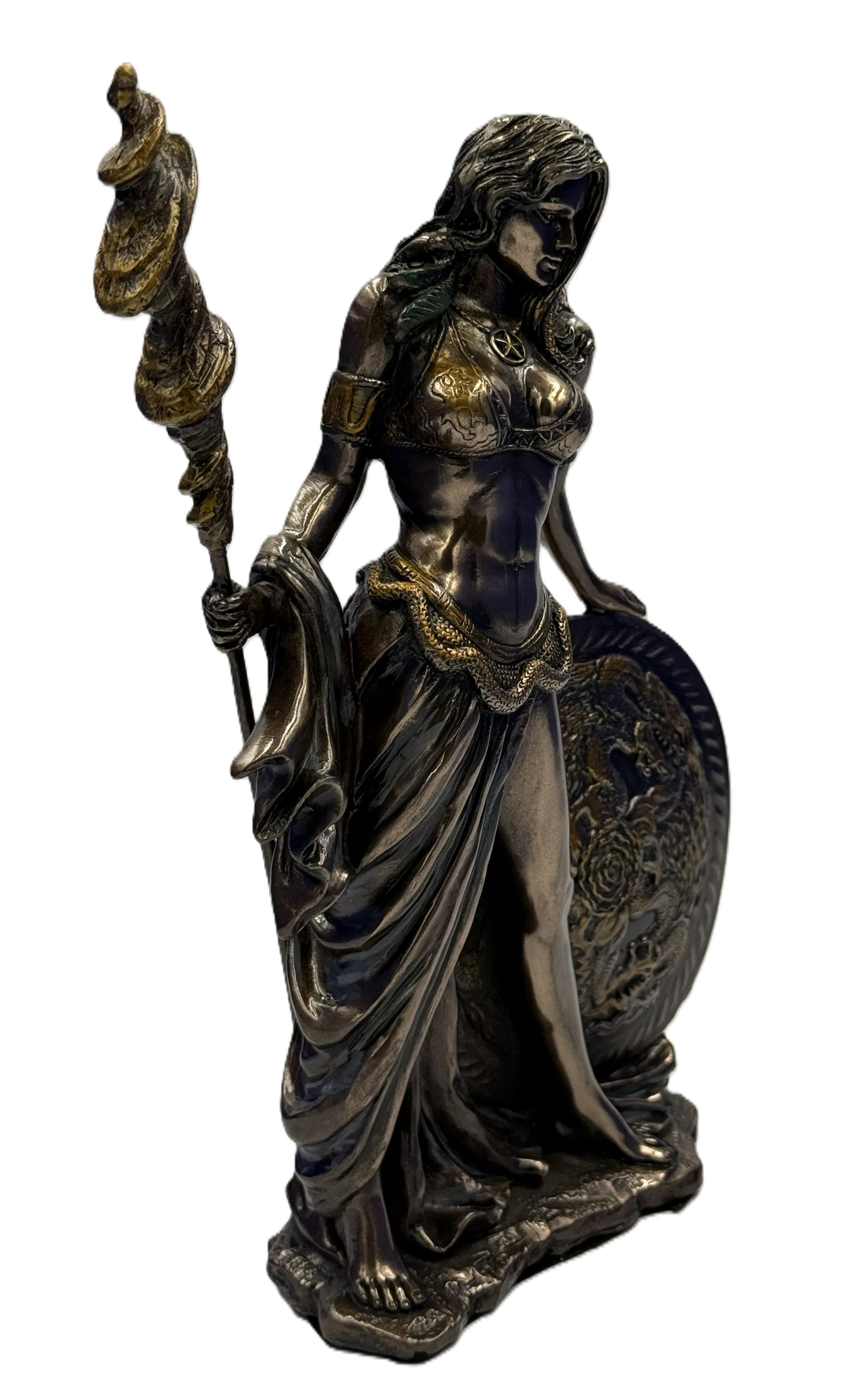 Angled view of Frigga Norse goddess statue highlighting intricate sculpted details and staff design
