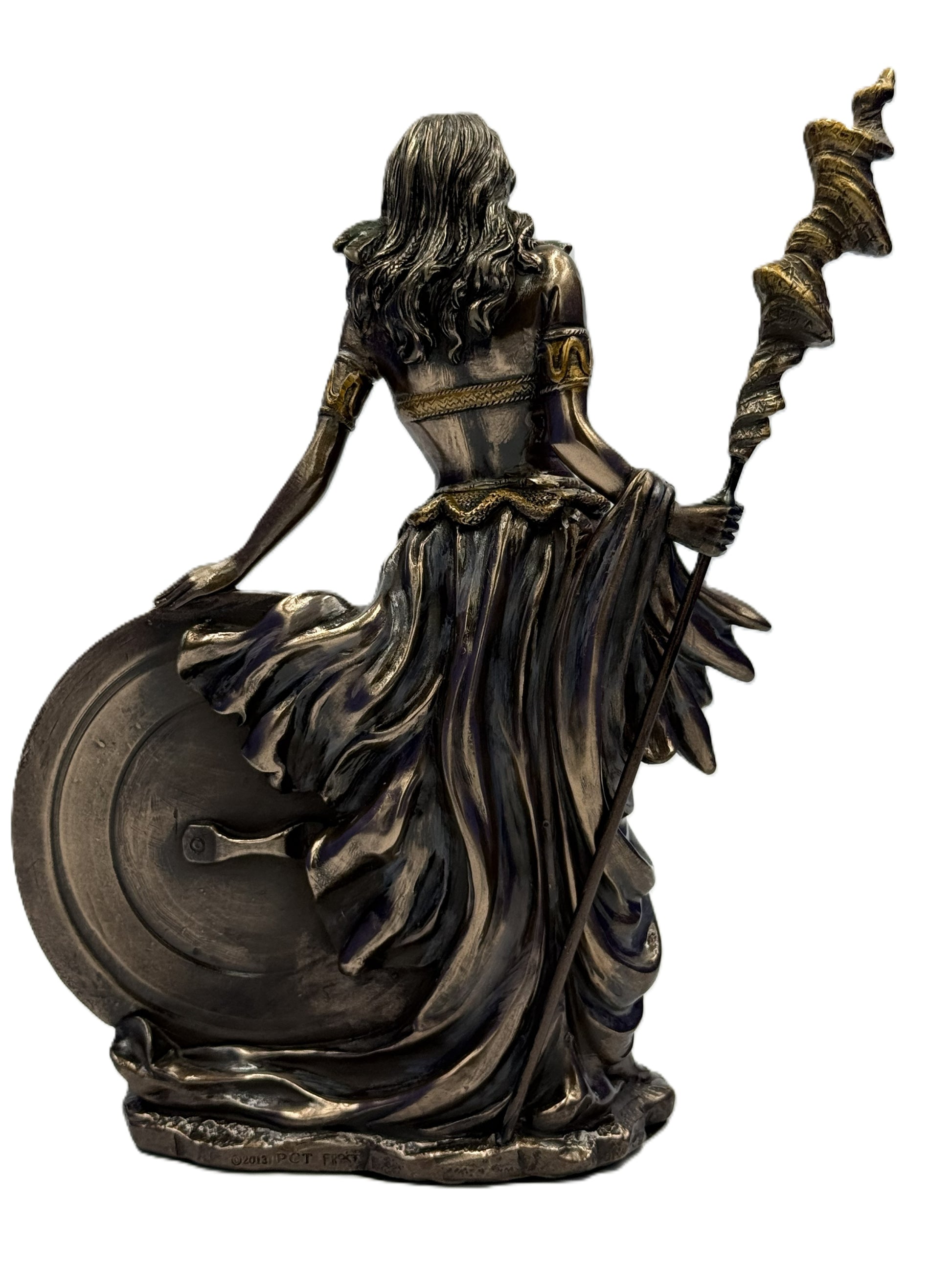 Back view of Frigga statue showing detailed flowing dress, hair sculpt, and shield backing

