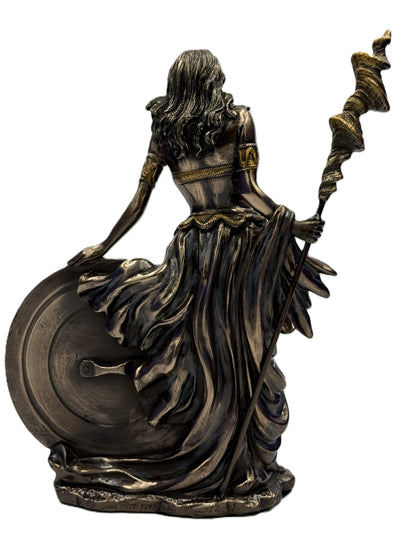 Back view of Frigga statue showing detailed flowing dress, hair sculpt, and shield backing

