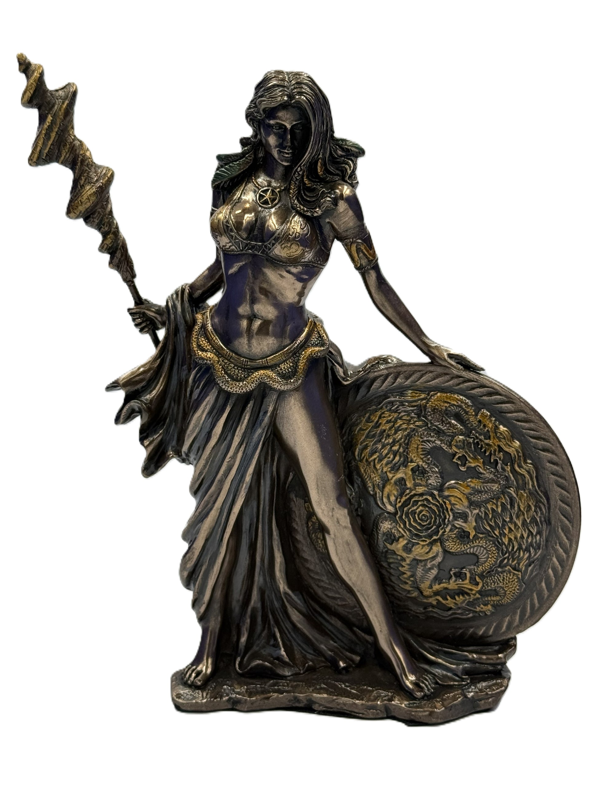 Front view of Frigga Norse goddess statue holding staff with ornate shield featuring dragon design in cold cast bronze finish
