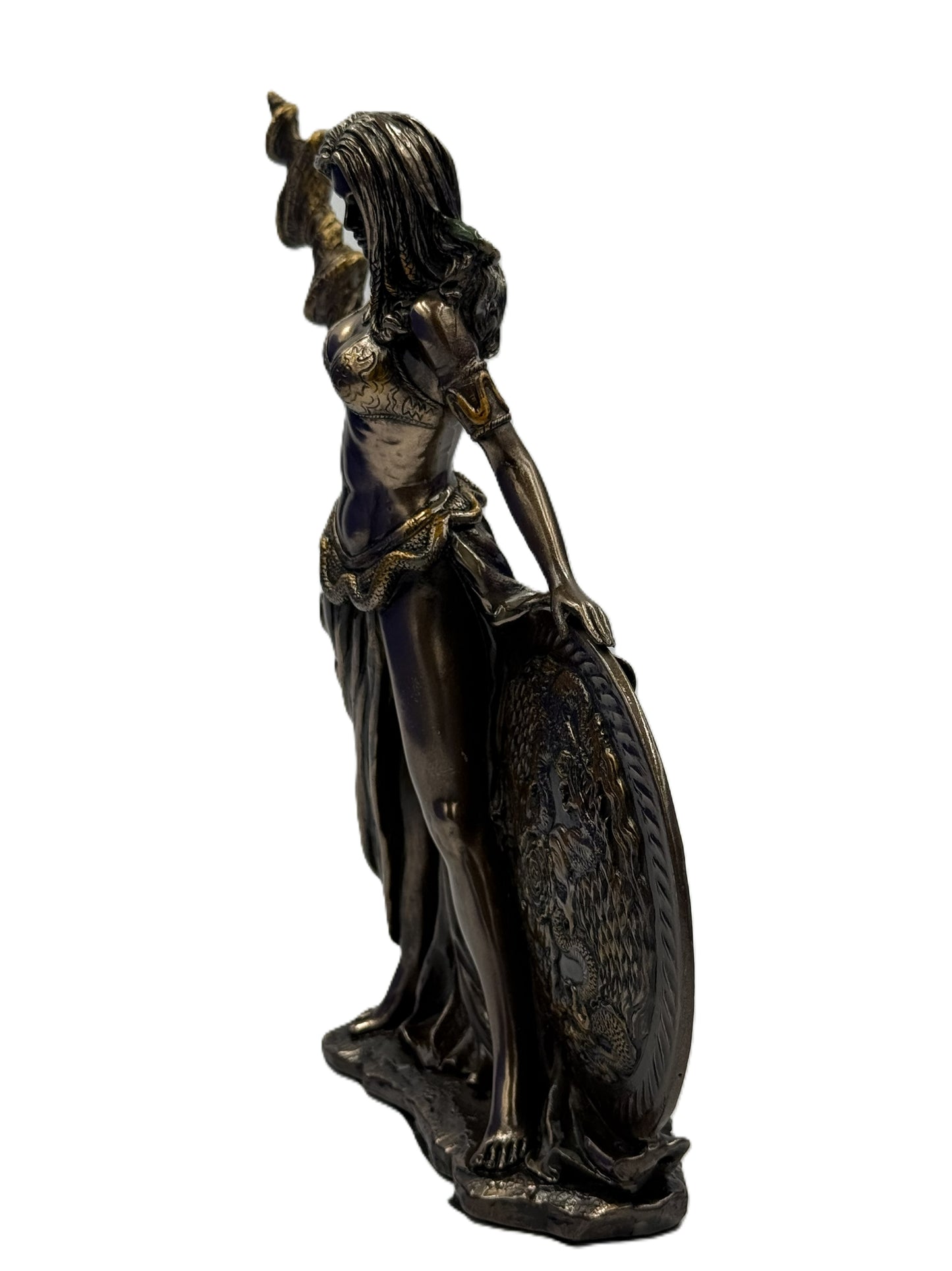 Side view of Frigga statue showing flowing gown, detailed armor accents, and shield positioning
