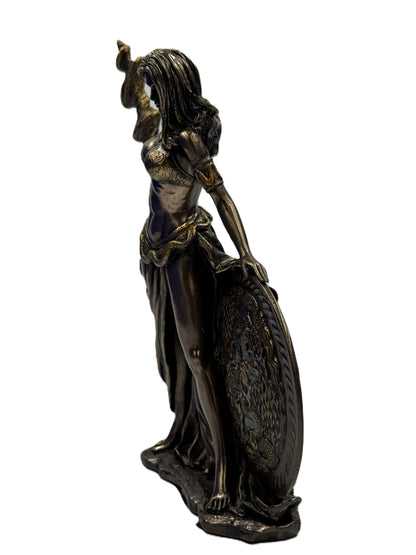 Side view of Frigga statue showing flowing gown, detailed armor accents, and shield positioning
