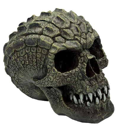 Right angled view of reptile skull decor with pronounced teeth and detailed scale pattern

