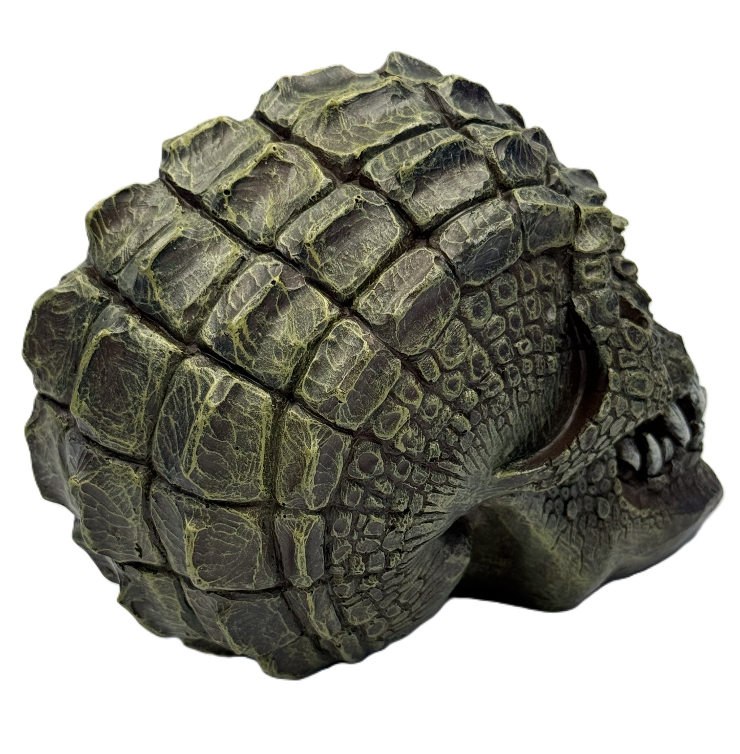 Rear angled view of gator skull statue featuring layered scale texture and dark gothic finish
