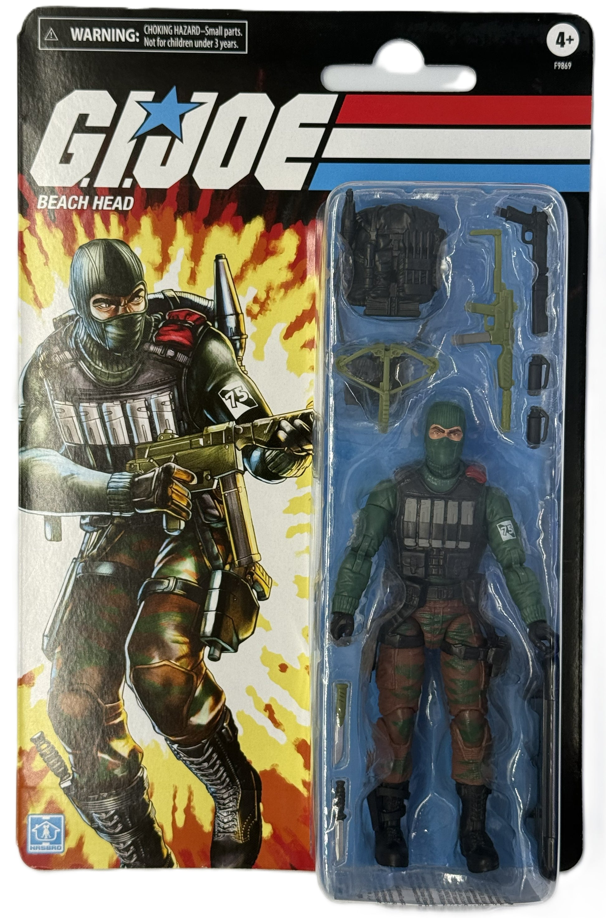 G.I. Joe Beach Head action figure front view in retro packaging with accessories
