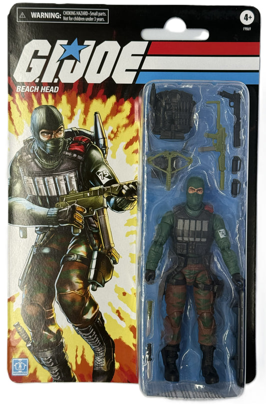 G.I. Joe Beach Head action figure front view in retro packaging with accessories
