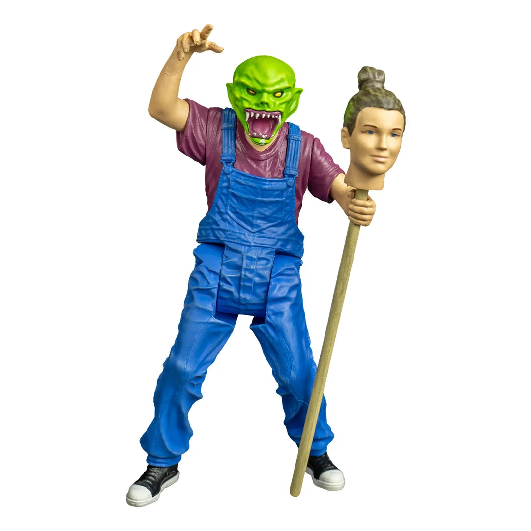 Front view of Goosebumps The Haunted Mask 5-inch figure wearing the green monster mask and holding a head-on-a-stick accessory.