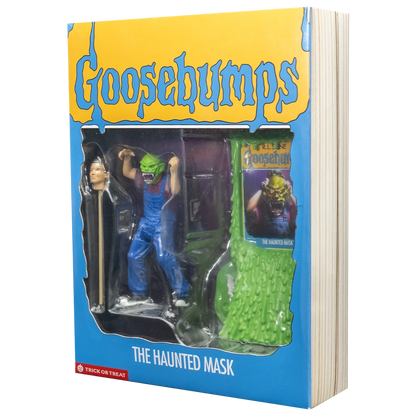 Goosebumps The Haunted Mask 5-inch action figure in Trick or Treat Studios book-style collector packaging.