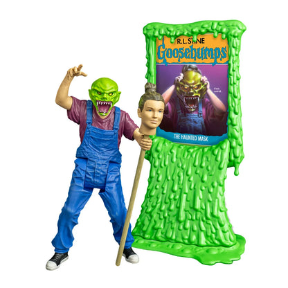Goosebumps The Haunted Mask figure with head-on-a-stick accessory and green display featuring the classic book artwork.