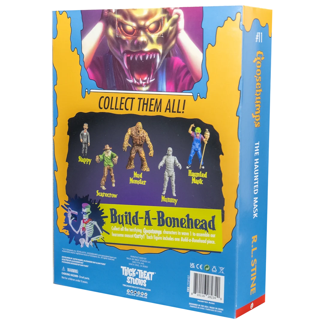Back of Goosebumps The Haunted Mask figure packaging showing the collectible series and Build-A-Bonehead assortment.