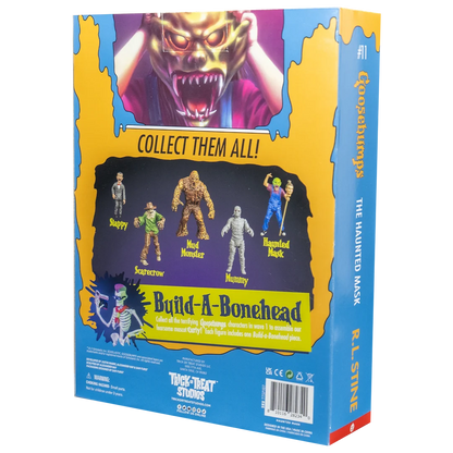 Back of Goosebumps The Haunted Mask figure packaging showing the collectible series and Build-A-Bonehead assortment.