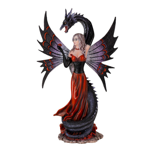 Front view of gothic fairy with dragon statue featuring wings and red dress
