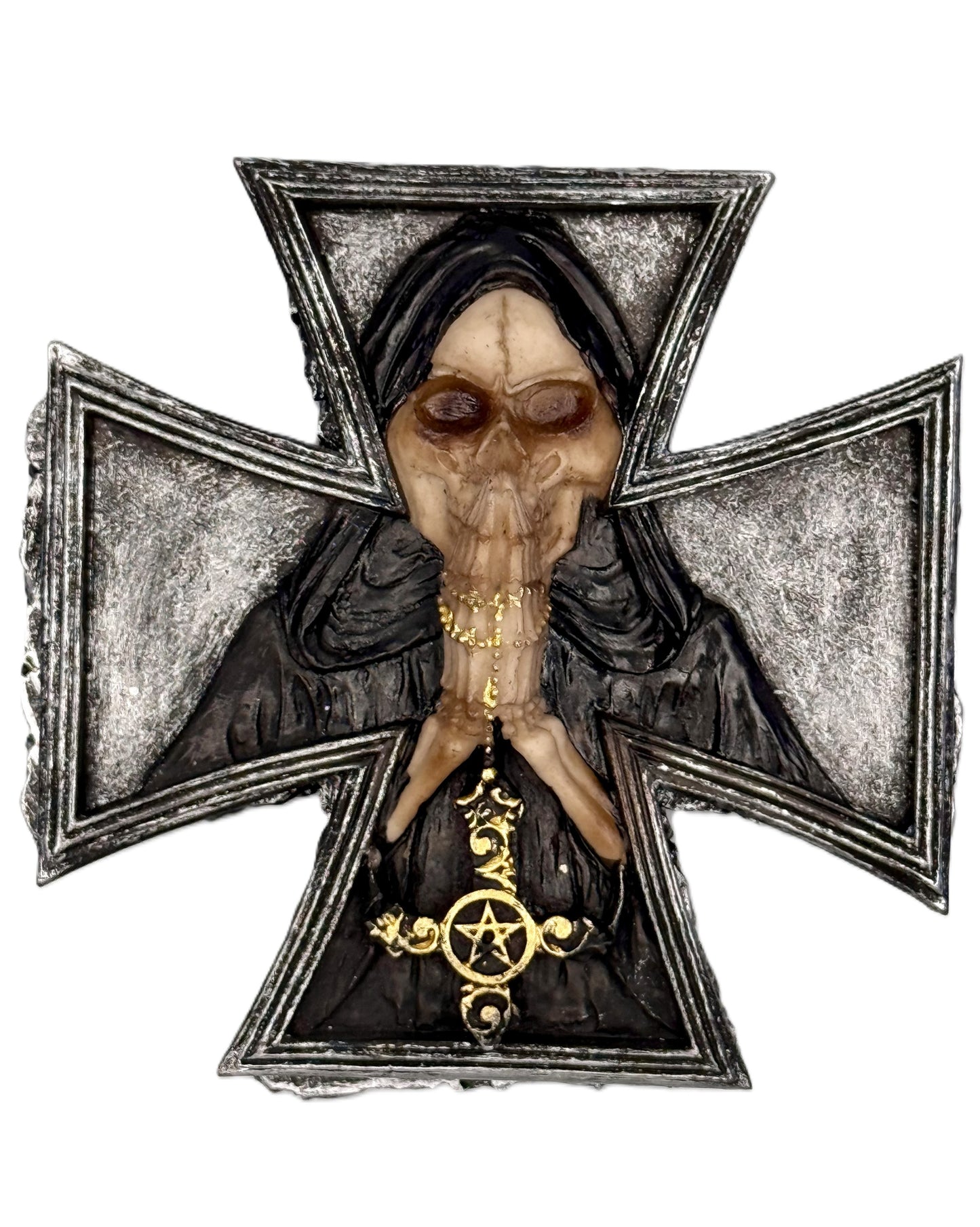Front view of gothic cross trinket box with skeletal figure and gold pentagram detail

