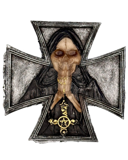 Front view of gothic cross trinket box with skeletal figure and gold pentagram detail
