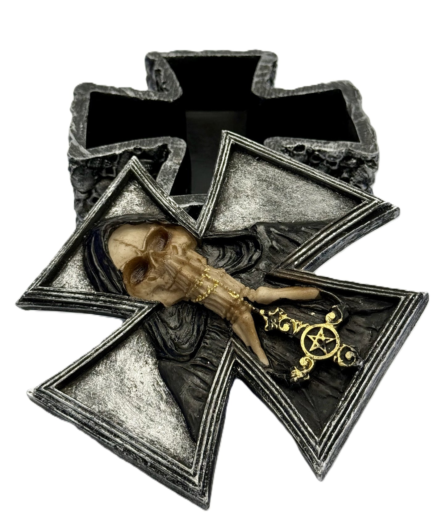 Open view showing hidden storage compartment inside cross-shaped box
