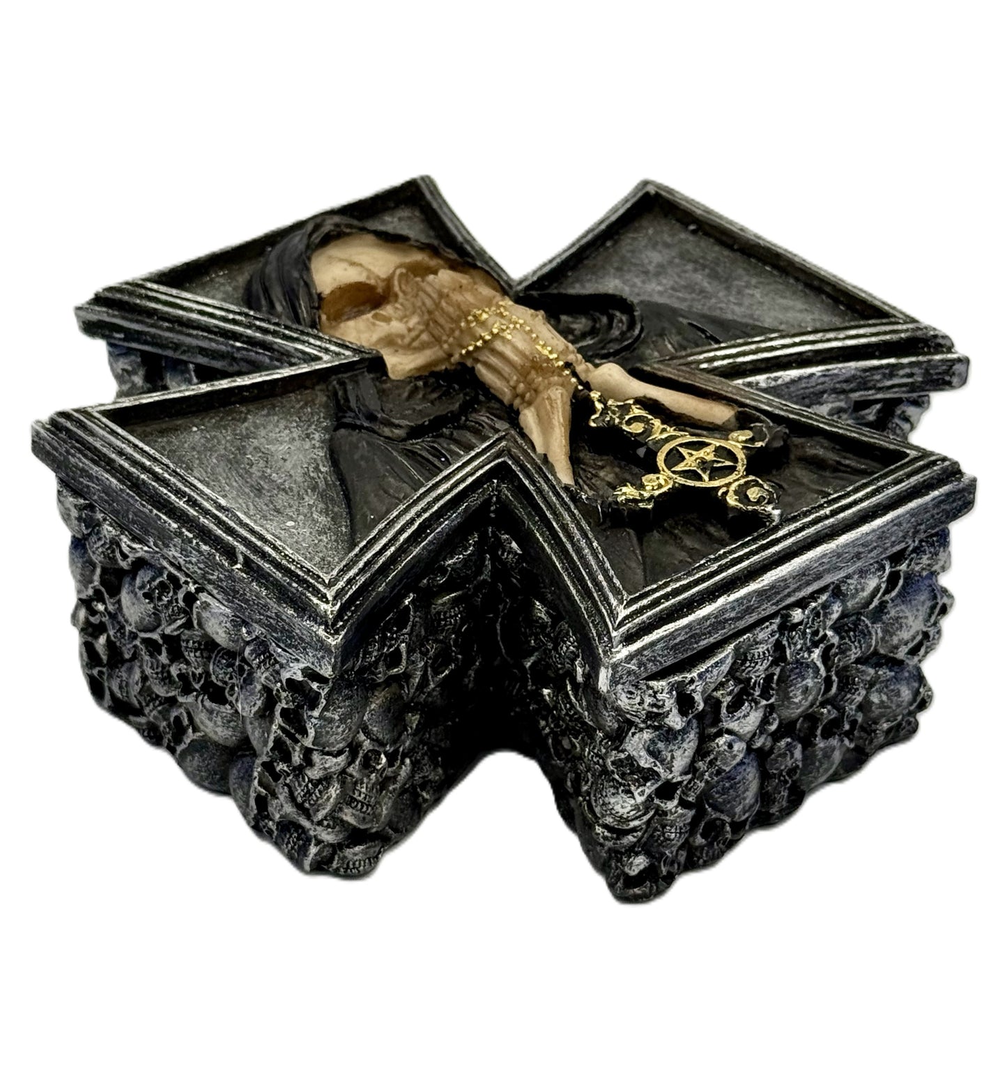 Side detail showing layered skull patterns and distressed finish
