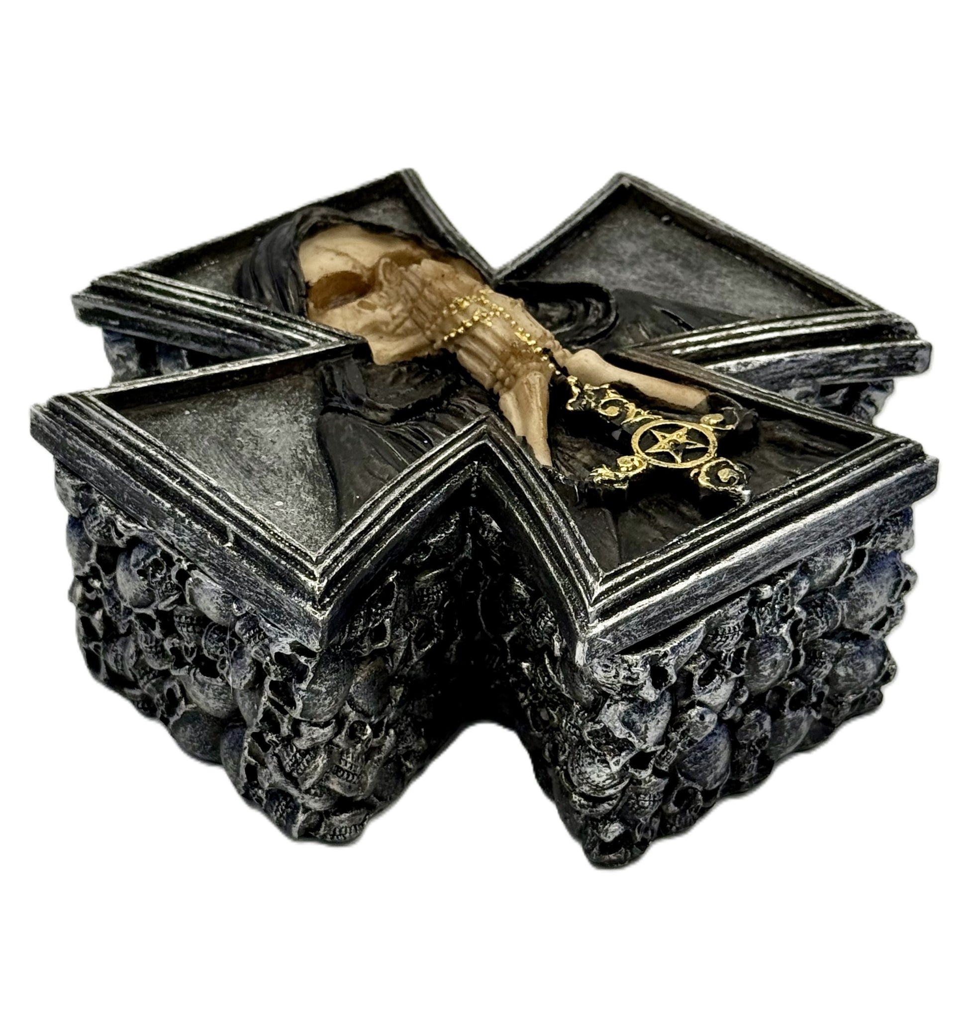 Side detail showing layered skull patterns and distressed finish
