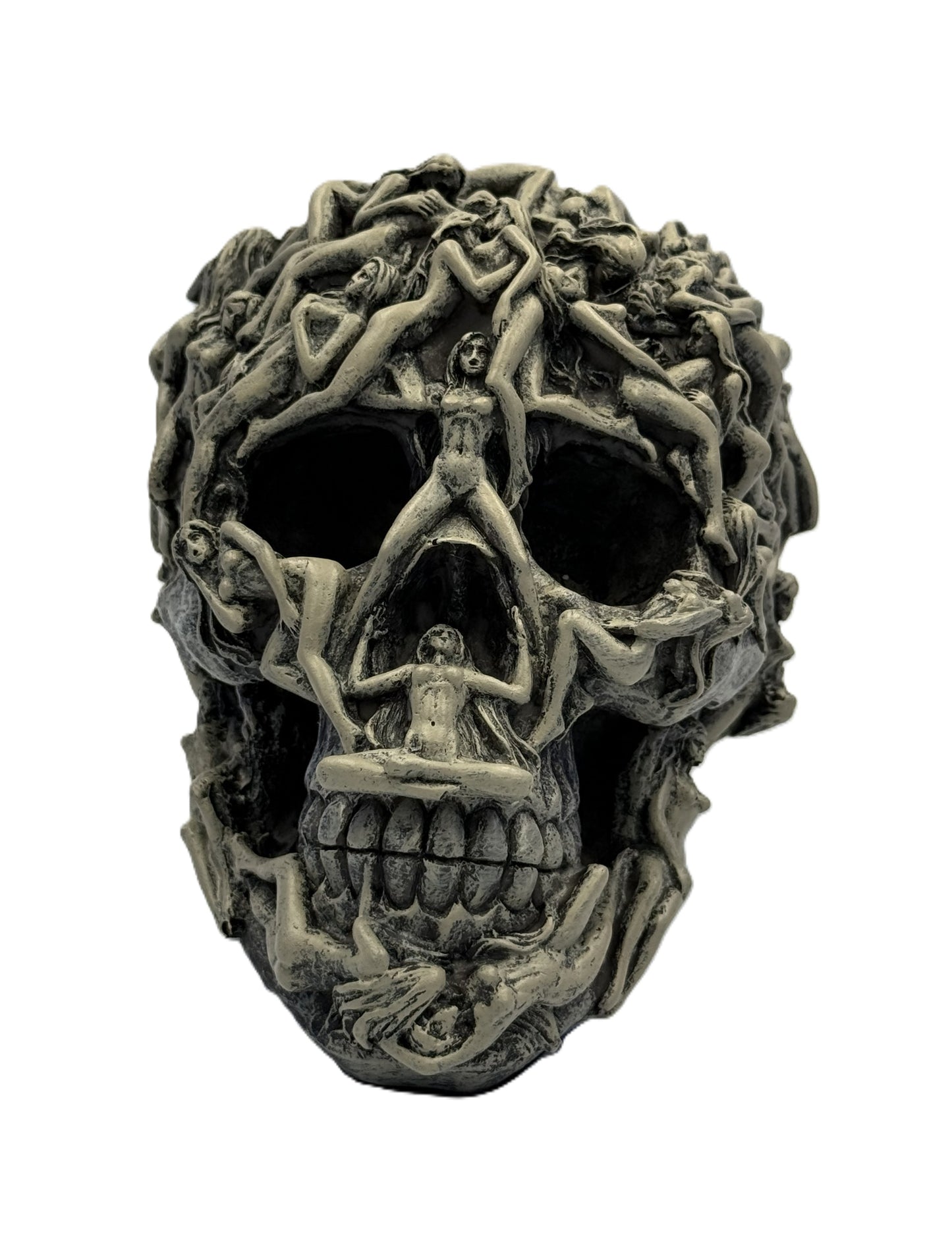 Front view of gothic skull statue covered with intertwined human figures in dark hand-painted resin finish
