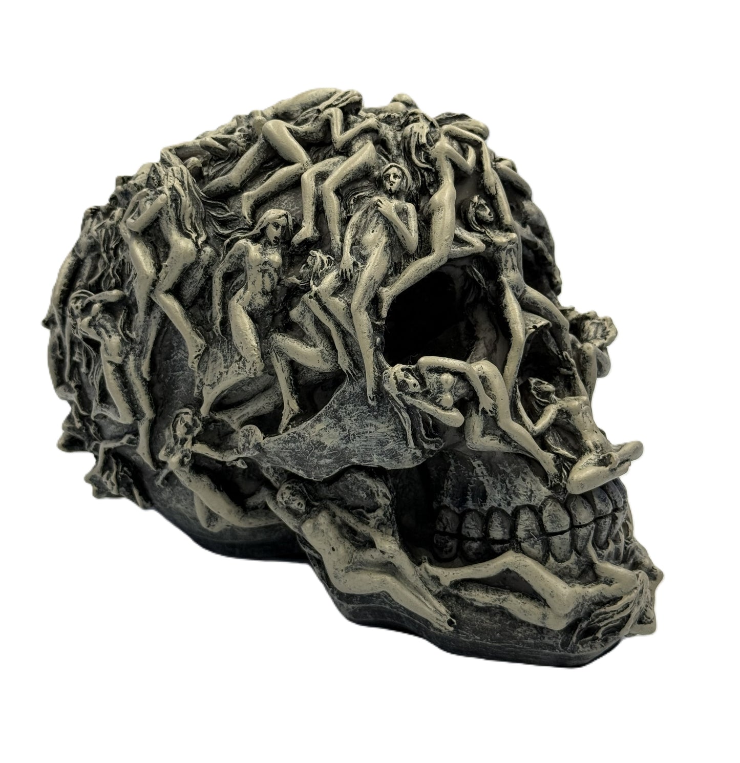 Top view of skull statue showing full coverage of intertwined figures in detailed dark art design
