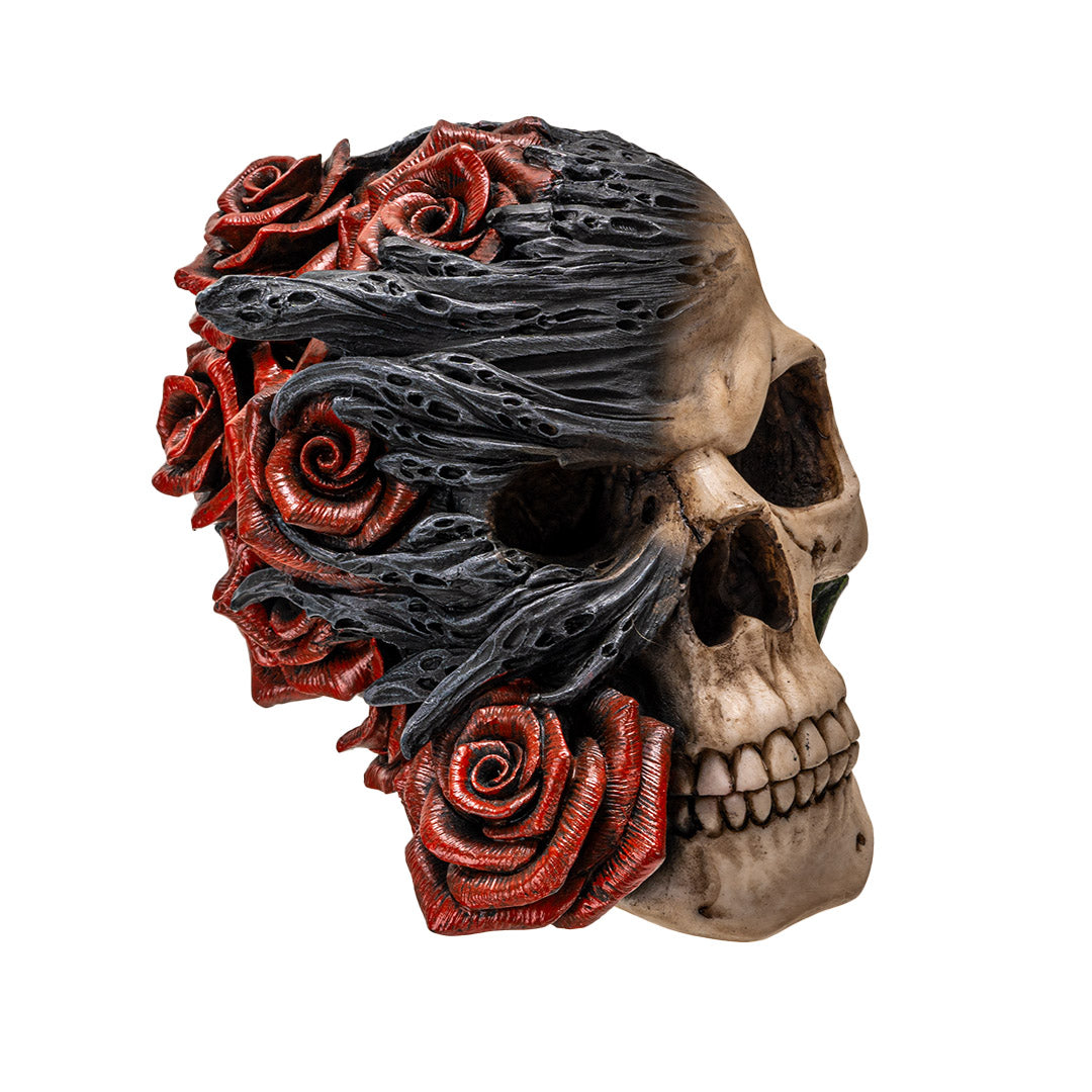 Left angle view of gothic skull decor with layered roses and dark textures
