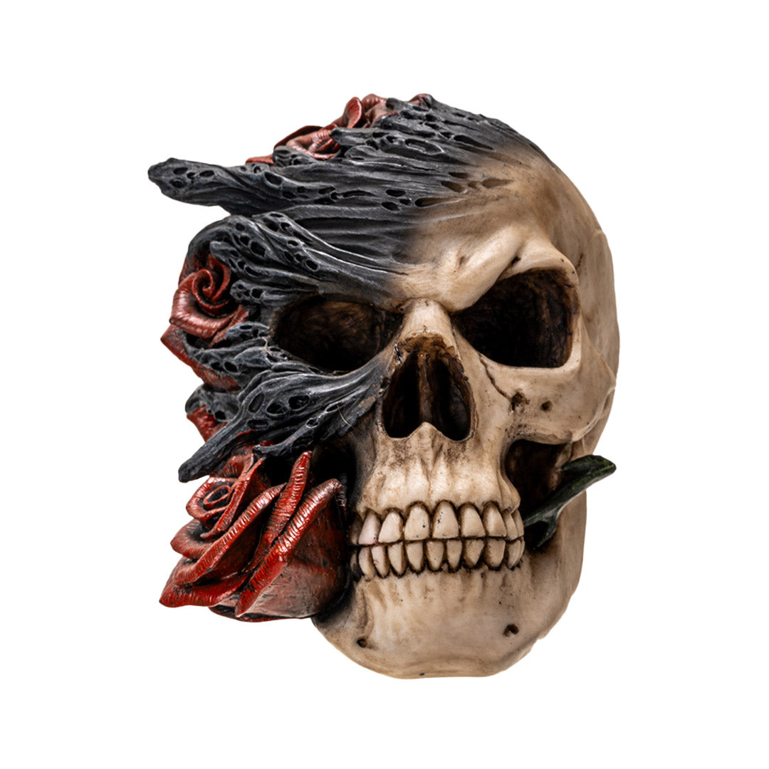 Front view of gothic skull with black flames and red roses resin decor
