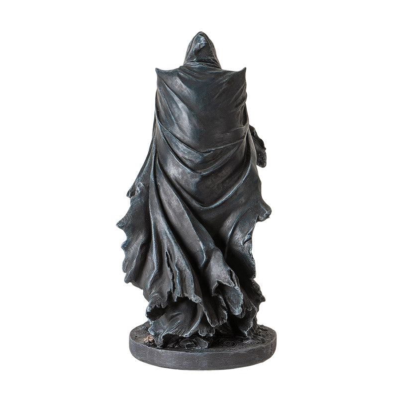 Back view of hooded grim reaper statue showing flowing cloak detail
