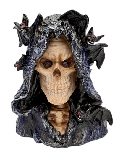 Front view of grim reaper skull with bats and LED eyes illuminated
