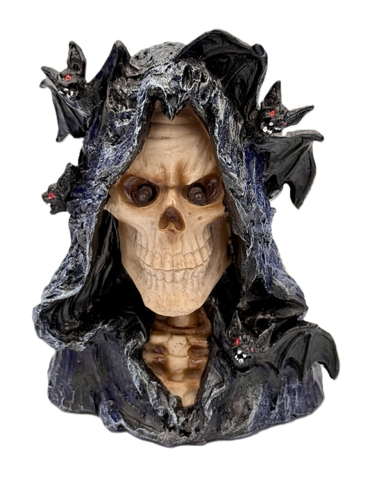 Front view of grim reaper skull with bats and LED eyes illuminated
