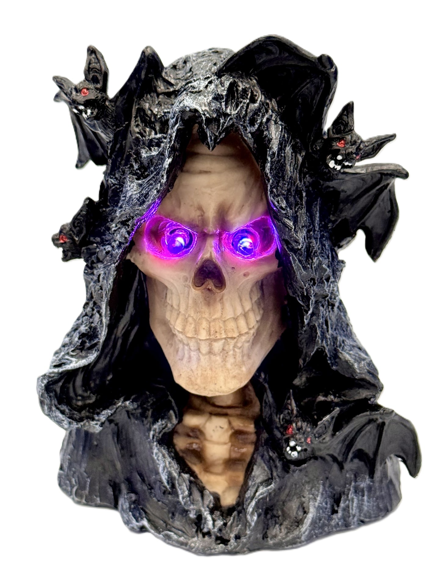 LED eyes glowing purple creating a haunting effect
