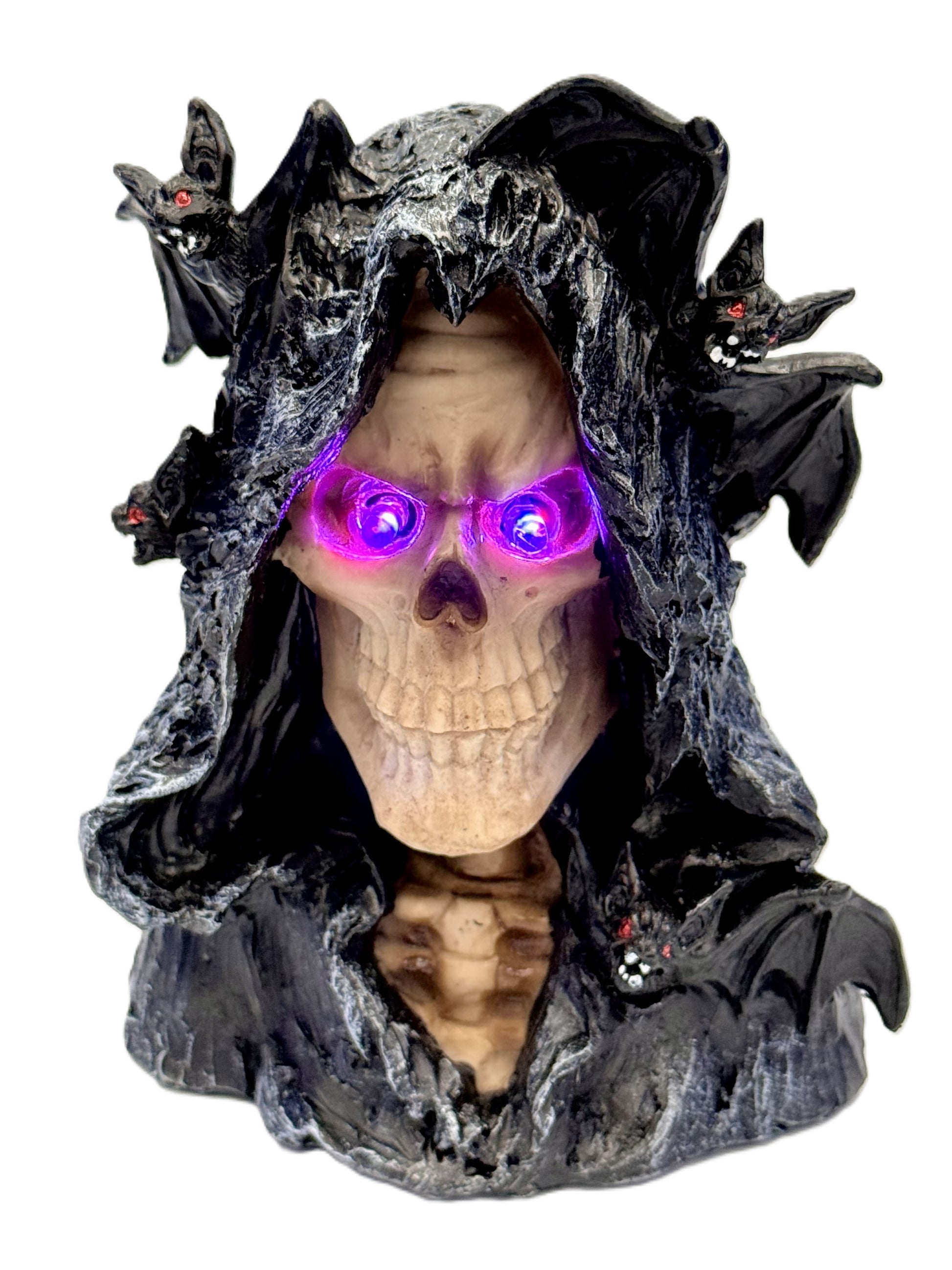 LED eyes glowing purple creating a haunting effect
