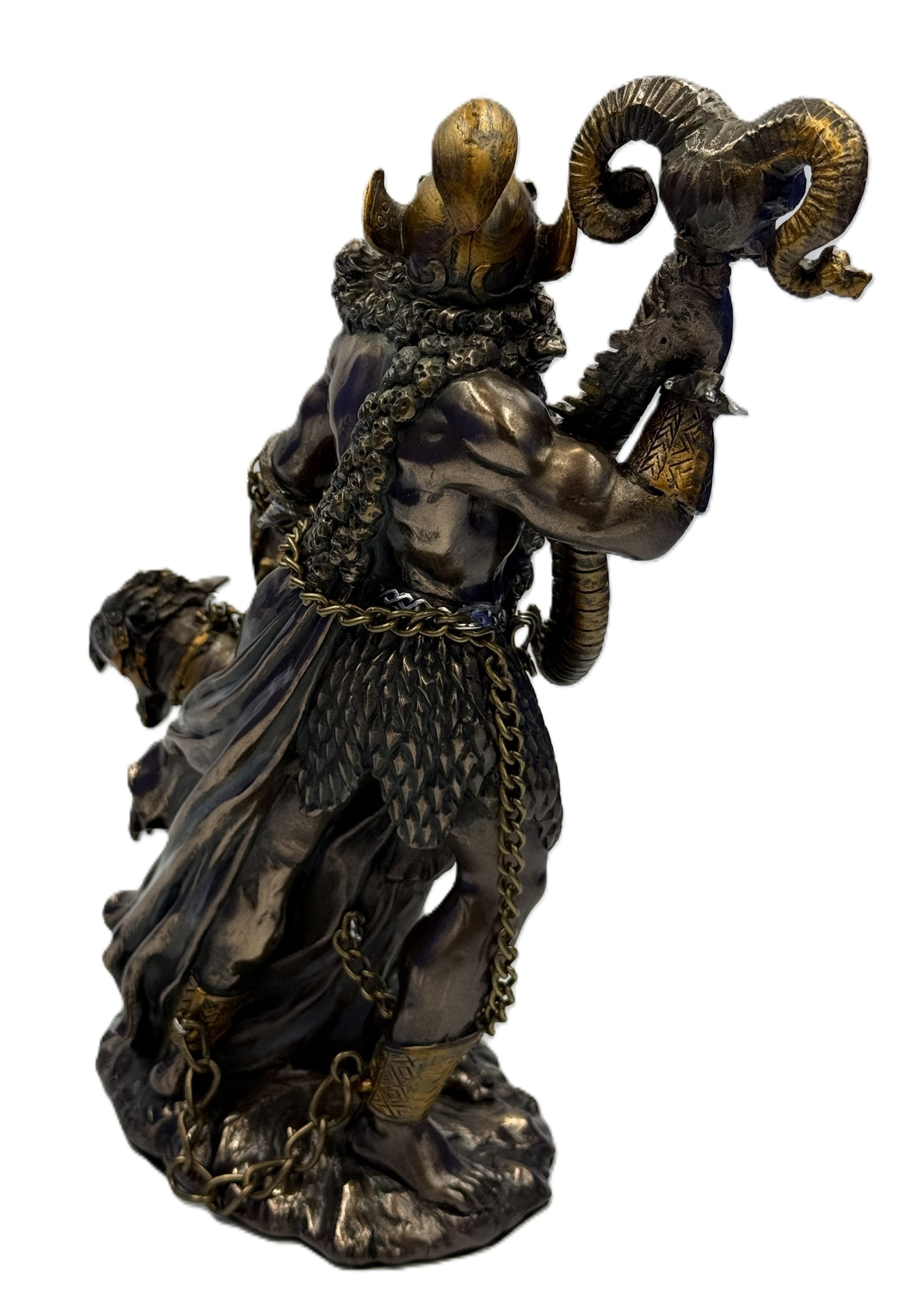 Rear angled view of Hades sculpture highlighting cloak, chains, and intricate back details
