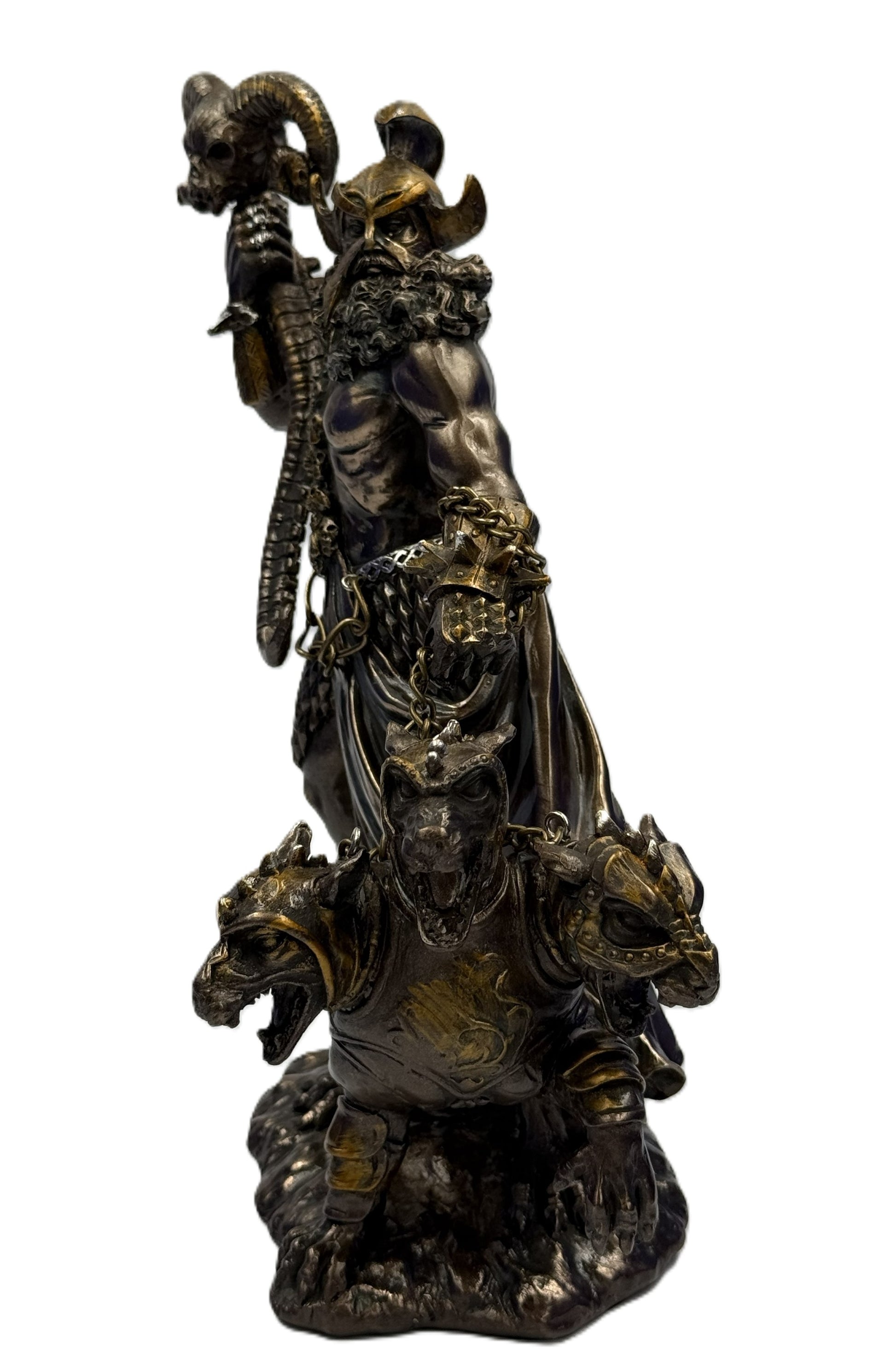 Front close view of Hades with three-headed Cerberus guardian and detailed sculpting
