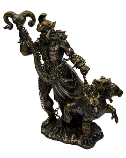 Front view of Hades Greek god statue holding staff with Cerberus at his side in cold cast bronze finish

